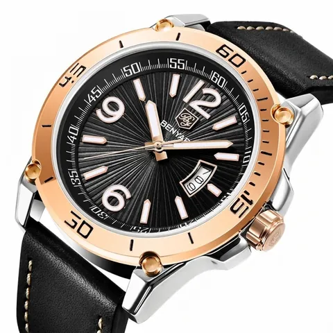 BENYAR Montre à Quartz Sportive pour Hommes Étanche Lumineuse Calendrier Bracelet en Cuir Véritable Montre-Bracelet Business 5166