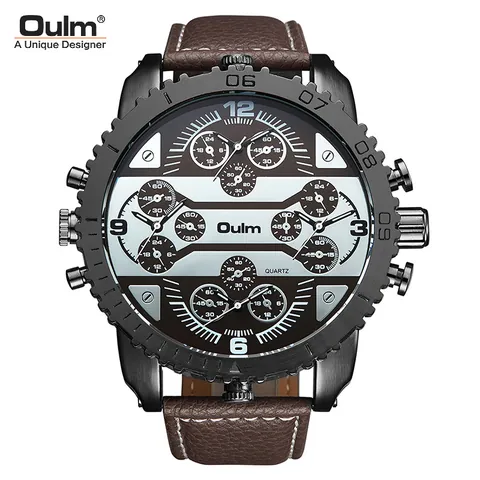 Montre à Quartz Oulm Unique Designer pour Hommes Grand Cadran Quatre Fuseaux Horaires Montre-Bracelet de Mode Décontractée avec Bracelet en Similicuir
