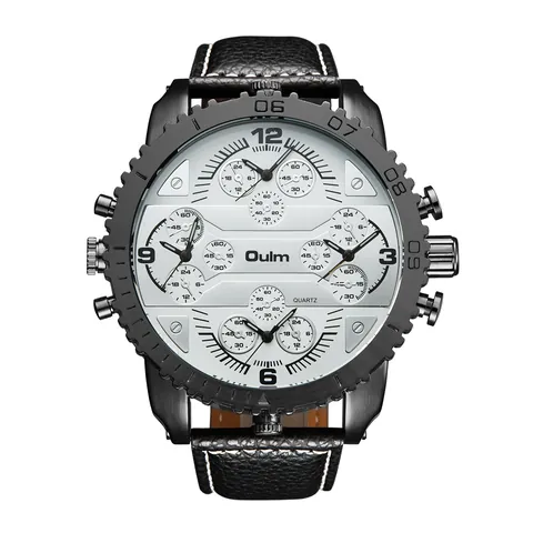 Montre à Quartz Oulm Unique Designer pour Hommes Grand Cadran Quatre Fuseaux Horaires Montre-Bracelet de Mode Décontractée avec Bracelet en Similicuir