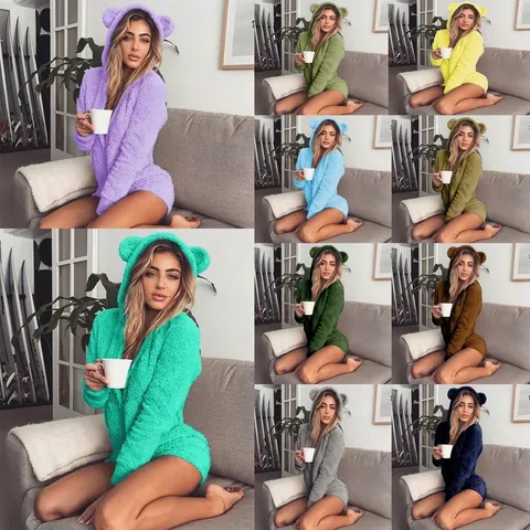 Dames Schattige Berenoren Teddy Fleece Romper Lange Mouw Effen Kleur Pluche Jumpsuit Casual Comfortabele Nachtmode