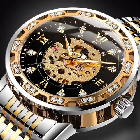 Men Automatic Mechanical Watch Skeleton Rhinestone Bezel Alloy Case Stainless Steel Butterfly Buckle Luxury Fashion Wristwatch