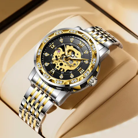 Men Automatic Mechanical Watch Skeleton Rhinestone Bezel Alloy Case Stainless Steel Butterfly Buckle Luxury Fashion Wristwatch