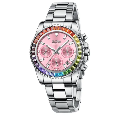 Women's Fashion Quartz Watch Rainbow Bezel Multi-function Chronograph Waterproof Luminous Luxury Ladies Rhinestone Wristwatch