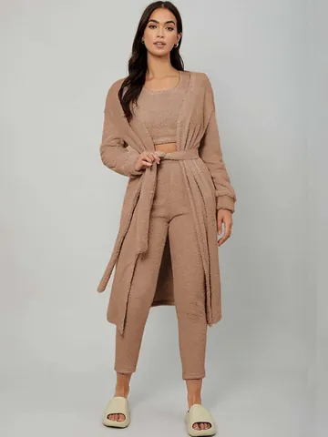 Women Top And Bottom Long Robe With Belt Crop Top And Pants Plush Warm Fleece Solid Color Autumn Winter Home Wear