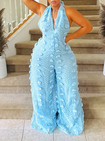 Women Halter V Neck Jumpsuit Backless Embroidered 3D Texture Wide Leg Romper Sexy Summer Party Polyester Sleeveless Streamer