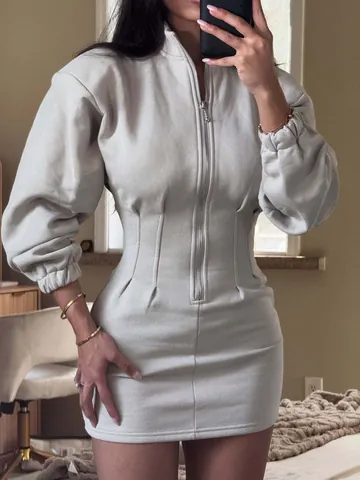 Vestito da Donna Stile American Hot Girl Collo Rialzato Manica Lunga Vita Stretta Bodycon Mini Vestito Cerniera Poliestere