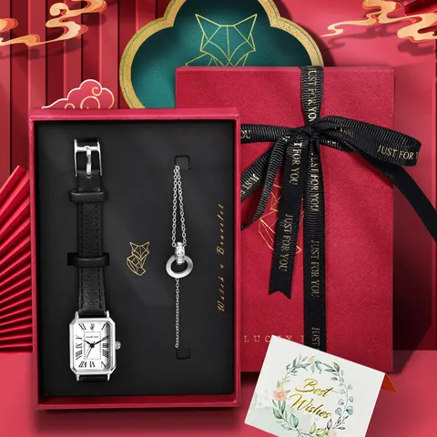 Coffret Cadeau Montre à Quartz Carrée Vintage et Bracelet en Strass avec Bracelet en Similicuir et Chiffres Romains pour Femmes