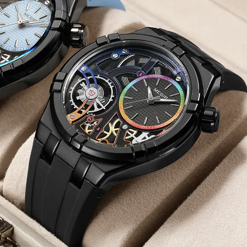 MEGIR 8111 Men Fashion Sport Quartz Watch Skeleton Mechanical Style Dial Rainbow Ring Luminous Waterproof Silicone Strap Wristwatch