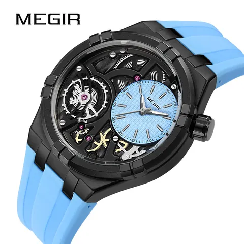 MEGIR 8111 Men Fashion Sport Quartz Watch Skeleton Mechanical Style Dial Rainbow Ring Luminous Waterproof Silicone Strap Wristwatch