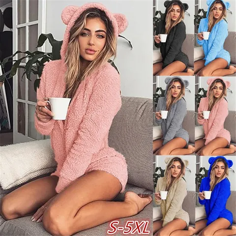Dames Schattige Berenoren Teddy Fleece Romper Lange Mouw Effen Kleur Pluche Jumpsuit Casual Comfortabele Nachtmode