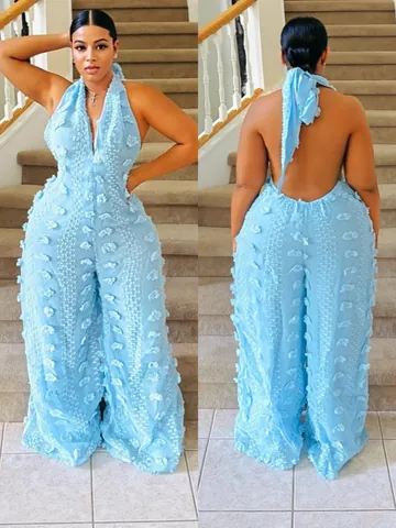Women Halter V Neck Jumpsuit Backless Embroidered 3D Texture Wide Leg Romper Sexy Summer Party Polyester Sleeveless Streamer