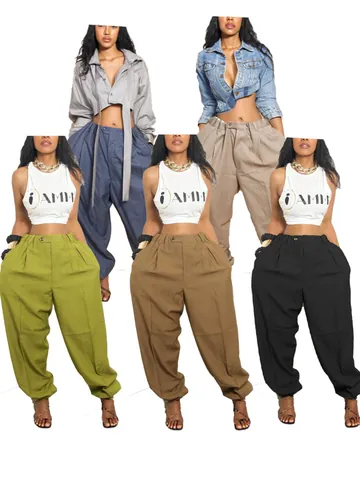 Dames Hoge Taille Geplooide Joggingbroek Casual Losse Enkelbroek Polyester Katoen Streetwear Mode Toelopende Broek