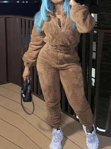 Femmes Fuzzy Fleece Top And Bottom Demi Fermeture Éclair Manches Longues Peluche Lounge Wear Automne Hiver Couleur Unie Ample Outfits
