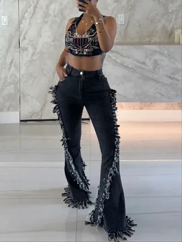 Jeans a Zampa da Donna Vintage con Orlo Sfilacciato Vita Alta Streetwear Lunghezza Pavimento Pantaloni in Denim
