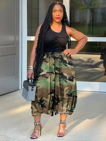 Women Fashion Camouflage Print Lantern Pants Casual High Waist Cropped Pants Elastic Waist Loose Leopard Harem Trousers