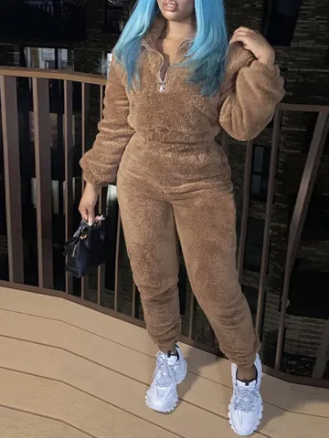 Femmes Fuzzy Fleece Top And Bottom Demi Fermeture Éclair Manches Longues Peluche Lounge Wear Automne Hiver Couleur Unie Ample Outfits