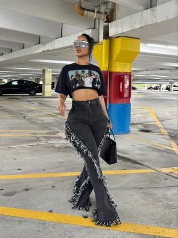 Jeans a Zampa da Donna Vintage con Orlo Sfilacciato Vita Alta Streetwear Lunghezza Pavimento Pantaloni in Denim