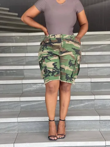Women's Camouflage Cargo Shorts High Waist Loose Fit Stretchy Polyester Spandex Multi Pocket Washed Streetwear Summer Bottom