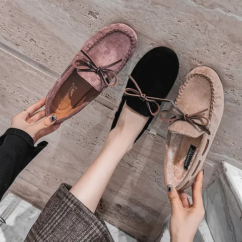 Mocassini da Donna Casual Bassi Decorazione Fiocco Foderati in Caldo Pile Scarpe Comfort Taglie Forti 41-43 in Microfibra Senza Lacci