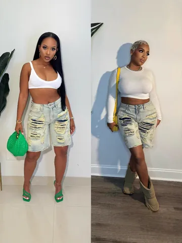 Women Fashion Streetwear Distressed Ripped Splicing Bermuda Denim Shorts High Waist Frayed Hem Washed Light Blue Jean Shorts