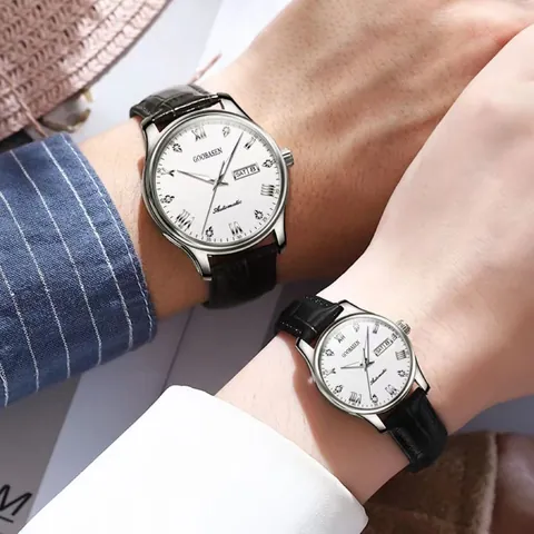 Fashion GOOBASEN Business Couple Watch Alloy Case Genuine Leather Strap Rhinestone Roman Numerals Dual Calendar Waterproof Luminous Watch