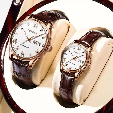 Fashion GOOBASEN Business Couple Watch Alloy Case Genuine Leather Strap Rhinestone Roman Numerals Dual Calendar Waterproof Luminous Watch