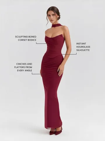 Cabernet Red Ruched Boned Corset Top And Maxi Bodycon Skirt With Scarf For Women Sexy Slim Fit Evening Party Club Outfit