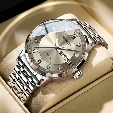 GOOBASEN Men Business Watch Vintage Alloy Rhinestone Inlaid Dial Date Week Luminous Waterproof Pointer Wristwatch For Men