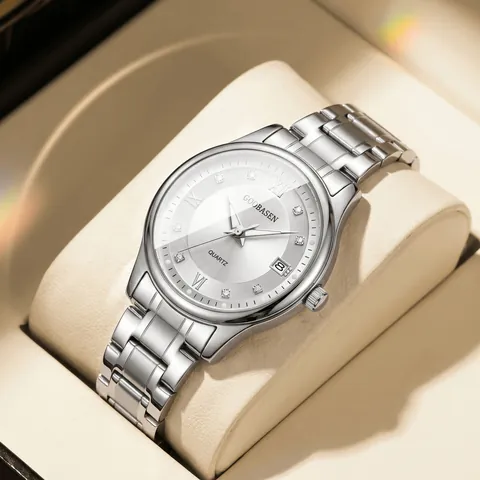 GOOBASEN Women Fashion Quartz Watch Rhinestone Roman Numeral Dial Luminous Waterproof Date Calendar Business Dress Wristwatch