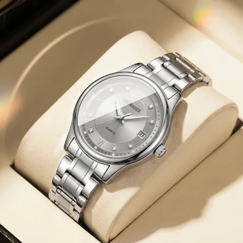 GOOBASEN Women Fashion Quartz Watch Rhinestone Roman Numeral Dial Luminous Waterproof Date Calendar Business Dress Wristwatch