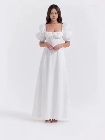 Abito Maxi da Donna Vintage con Maniche a Sbuffo e Scollo Quadrato Stampa Floreale Stile Francese Vita Alta a Linea