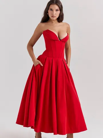 Women Sexy Strapless Boned Corset Midi Dress Elegant Pleated Large Hem Banquet Party Dress With Pockets Polyester Solid Color