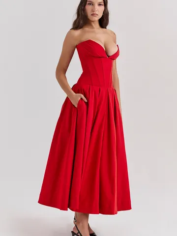 Women Sexy Fishbone Corset Midi Dress Strapless Sweetheart Neck High Waist Big Swing Pleated Solid Color Party Dress With Pockets