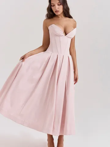 Women Sexy Fishbone Corset Midi Dress Strapless Sweetheart Neck High Waist Big Swing Pleated Solid Color Party Dress With Pockets