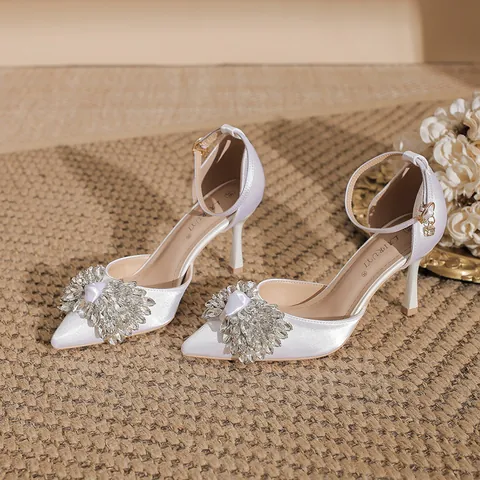 Scarpe con Tacco Alto a Spillo da Donna Punta Accuminata Fiocco di Strass Raso Pumps D'Orsay Cinturino alla Caviglia Matrimonio