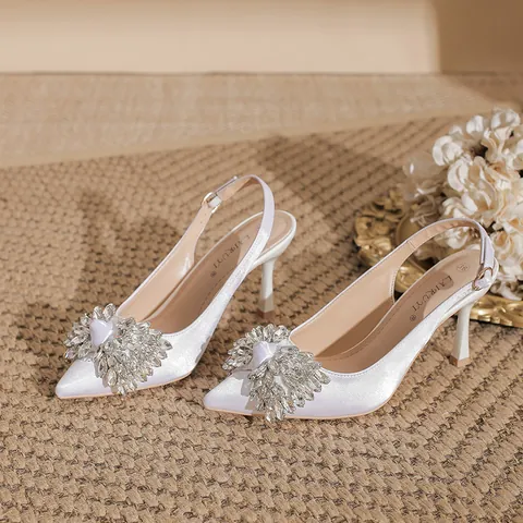 Women Elegant Satin Pointed Toe Stiletto Slingback Pumps Rhinestone Bow Sparkly High Heels Wedding Party Banquet Office Shoes