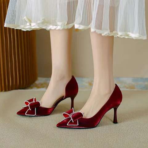 French Side-cut Pointed Toe High Heels For Women Elegant Satin Rhinestone Bow D'Orsay Heels Wedding Party Shoes