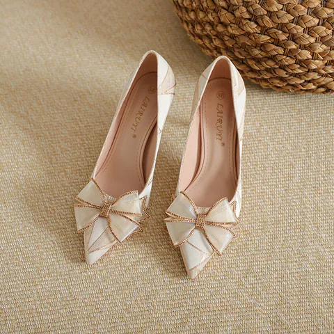 French Style Stiletto Heels For Women Pointed Toe Satin Wedding Party Shoes Elegant Butterfly Bow Pumps