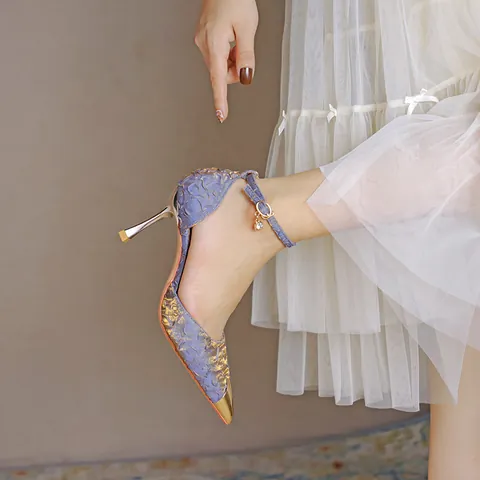 Scarpe con Tacco a Spillo a Punta da Donna in Satin Jacquard con Punta in Metallo Cinturino alla Caviglia Ciondolo in Strass Eleganti per Matrimonio e Festa