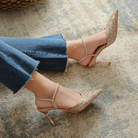 Scarpe da Donna Stile Fata a Punta Glitter Tacchi Alti Cinturino con Strass Bocca Bassa Tacco Sottile Décolleté da Sposa