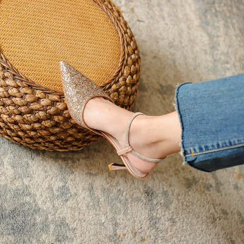 Scarpe da Donna Stile Fata a Punta Glitter Tacchi Alti Cinturino con Strass Bocca Bassa Tacco Sottile Décolleté da Sposa