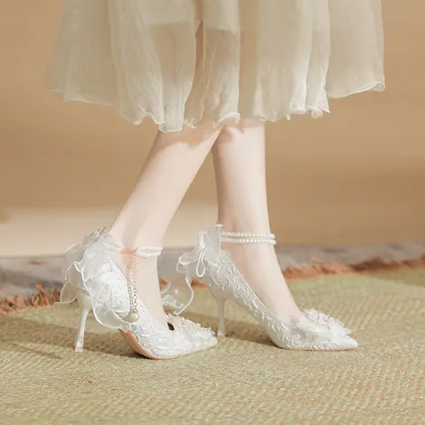 Franse Feeënstijl Witte Hoge Hakken Voor Vrouwen Elegante Kant Kunstparel Stiletto Bruids Trouwfeest Schoenen