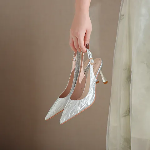 Women Pointed Toe Glitter Slingback High Heels Stiletto Pumps Sexy Striped Sequins Elegant Party Shoes Silver Champagne Size 31-44