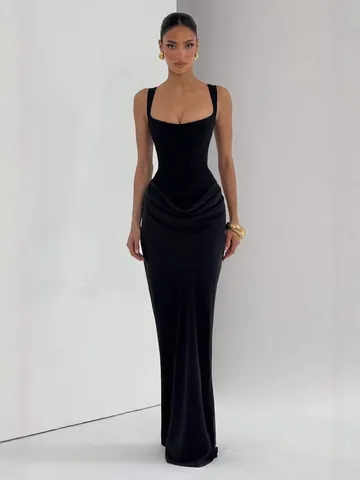 Elegant Women Sexy Corset Maxi Dress Sleeveless Square Neck Ruched Bodycon Floor Length Evening Party Dress