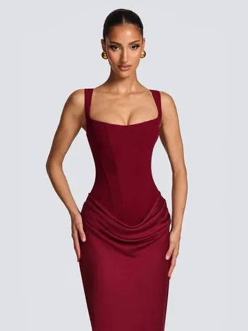 Elegant Women Sexy Corset Maxi Dress Sleeveless Square Neck Ruched Bodycon Floor Length Evening Party Dress