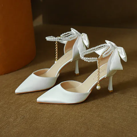 Elegant Women Pointed Toe Satin High Heels Stiletto Fairy Shoes Artificial Pearl Ankle Chain Bow Wedding Banquet Footwear