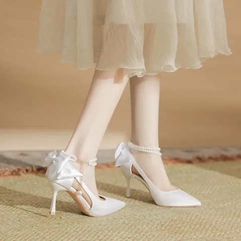 Women's Satin Pointed Toe Stiletto High Heels Elegant Bridal Wedding Shoes With Artificial Pearl Ankle Strap And Bow Decoration