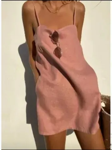Vestido Mini Bohemio de Tirantes para Mujer en Algodón y Lino Color Sólido Casual Vestido de Playa de Verano con Bolsillos