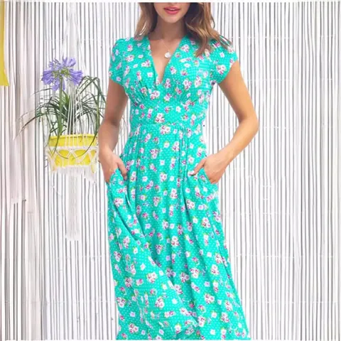 Damen Boho V-Ausschnitt Bedrucktes Midi Kleid Casual Kurzarm Blumen Polyester Sommerkleid Mit Taschen Strandurlaub Mode