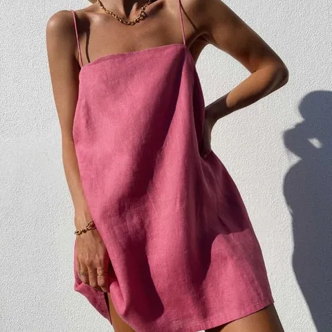 Women's Casual Cotton Linen Spaghetti Strap Mini Dress Solid Color Sleeveless Vacation Beach Loose H-Line Sundress